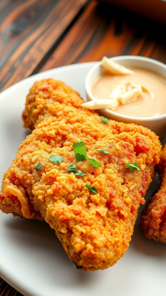 Crispy fried chicken on a plate with herbs and dipping sauce, served with coleslaw.
